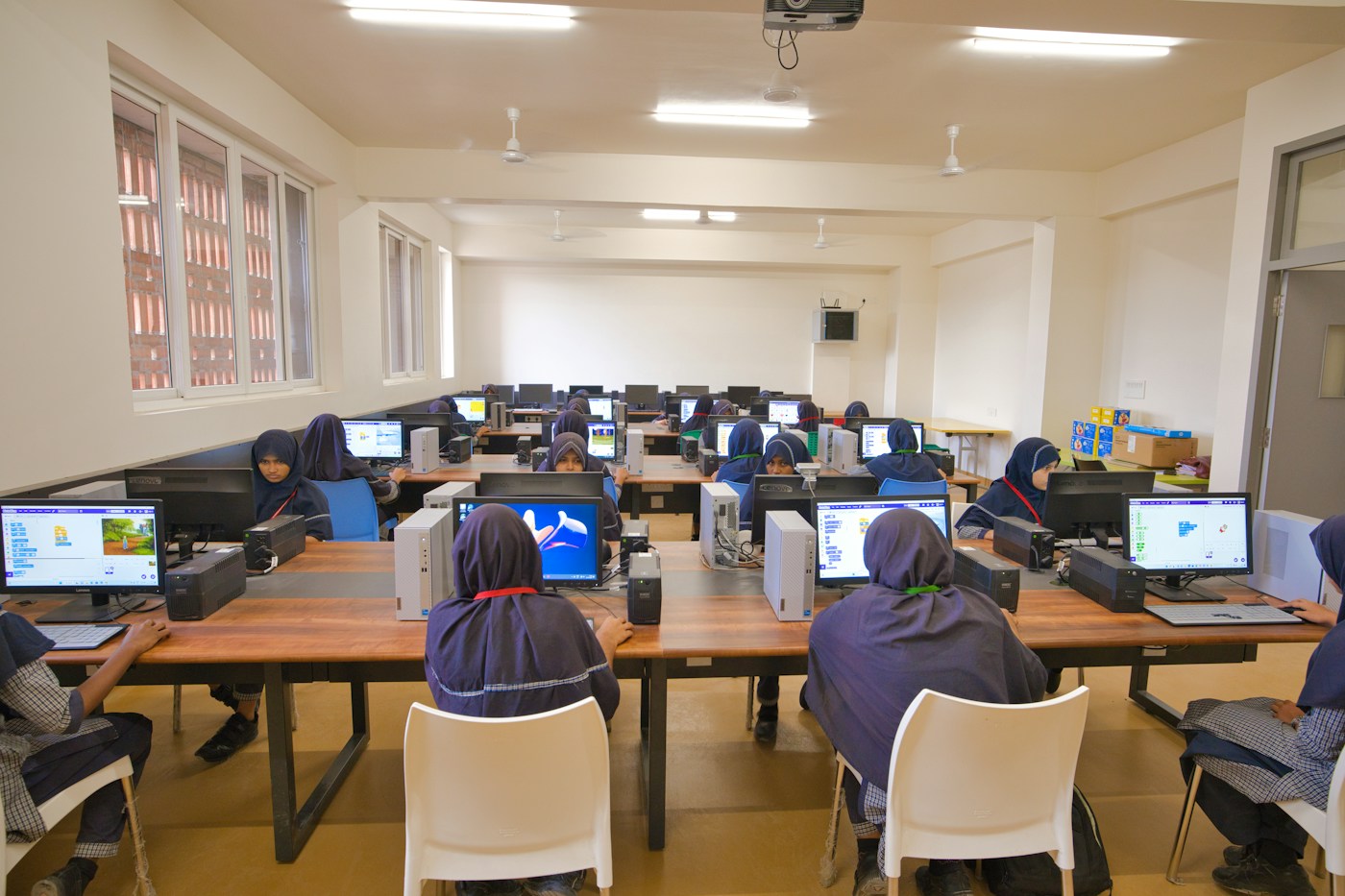 Rows of computers in a training and examination lab